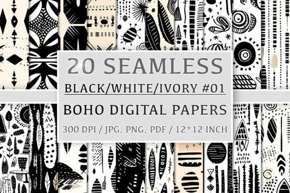 Download 20 Seamless Black White Ivory Boho Set 1 - White Collection
