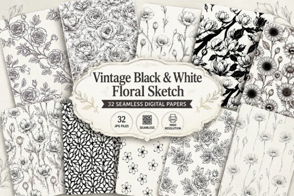 Download Vintage Black &amp; White Floral Sketch - White Collection
