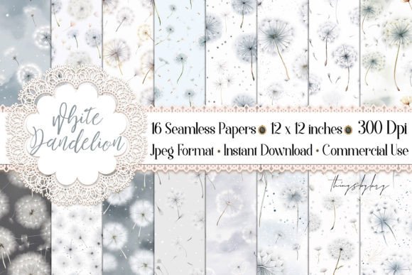 Download 16 Seamless White Dandelion Patterns - White Collection