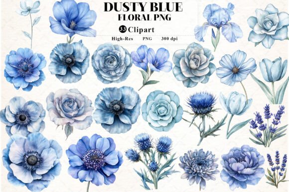 Download Dusty Blue Watercolor Floral Clipart - Watercolor floral clipart Collection