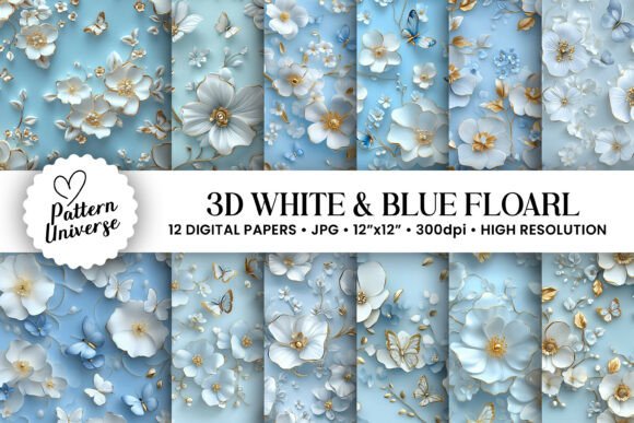 Download 3D White and Blue Floral Pattern - White Collection
